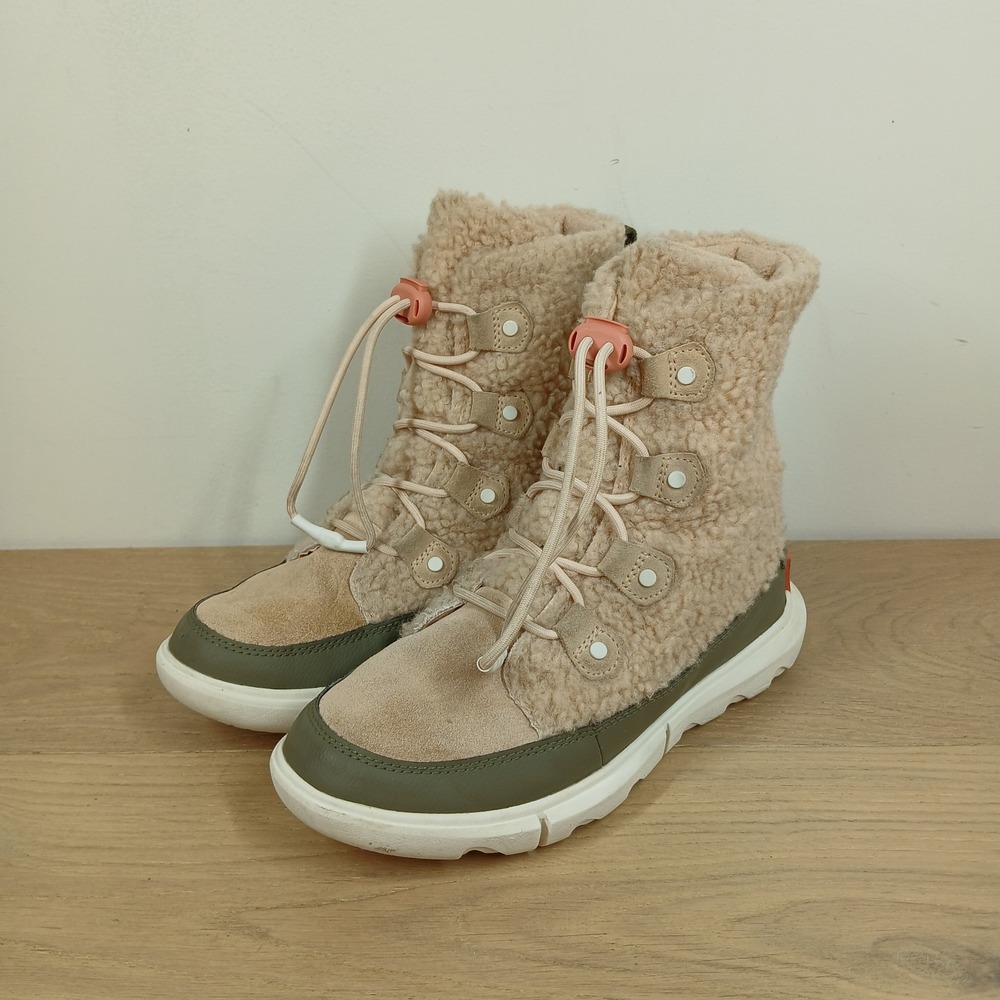 Sorel Explorer Joan Boots Women 6 Beige Green Winter Shearling Lace Up Ankle